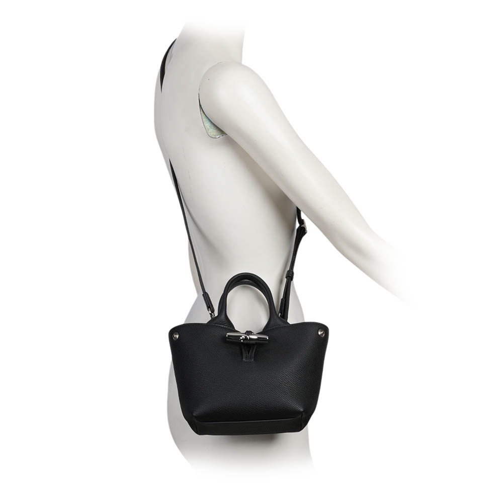 LONGCHAMP Roseau XS 竹節釦牛皮手提/斜背迷你二用包/黑色, , large