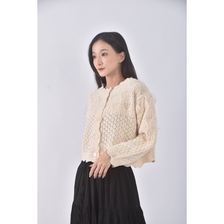 (M) 質感花邊領口杏色長袖上衣二手衣, , large