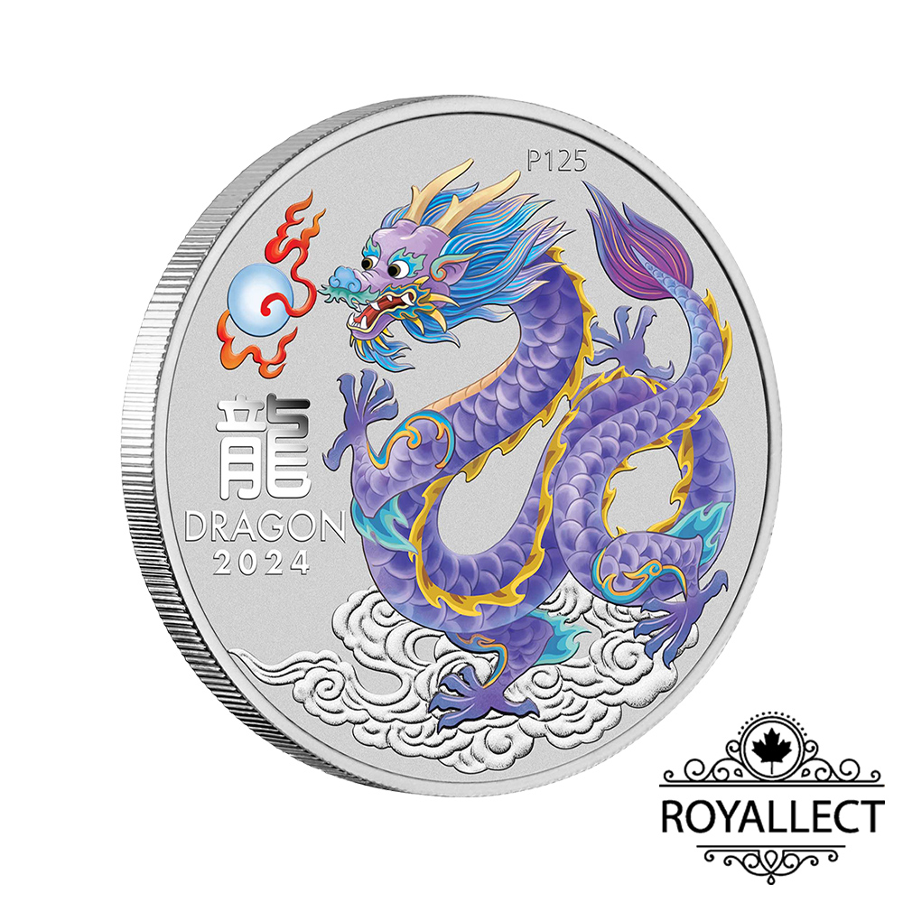 Sydney Money Expo ANDA Special Australian Lunar Series III 2024 Year of the Dragon 1oz Silver Lilac Coloured Coin in Card	, , large