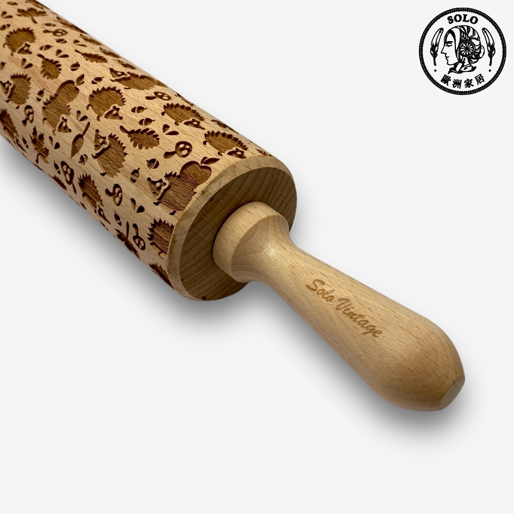 【SOLO Vintage】Hedgehog Rolling Pin 43CM Embossed Natural European Wood Made in Poland, , large