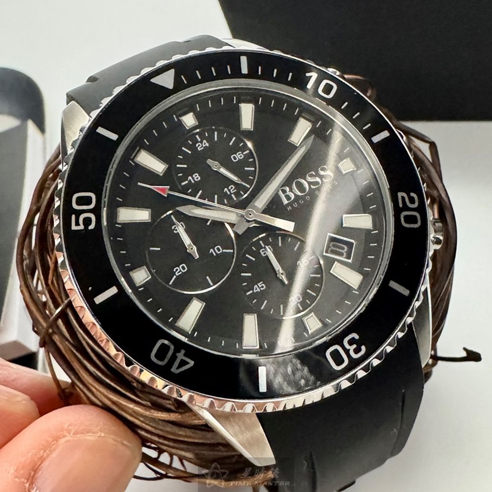 [星晴錶業]BOSS手錶,46mm,HB1513912黑色錶面黑錶殼深黑色矽膠錶帶款, , large