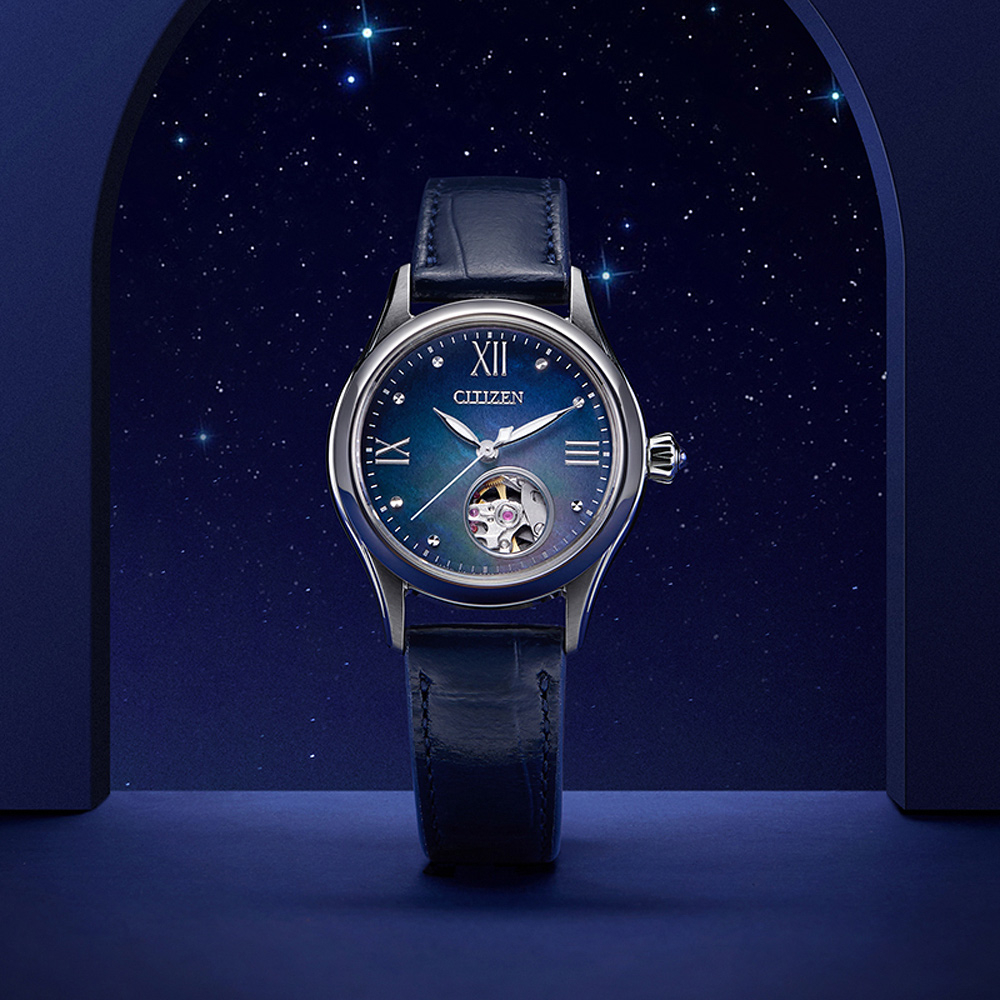 CITIZEN 星辰 小鏤空優雅機械女錶-藍/28.5mm PR1041-18N, , large