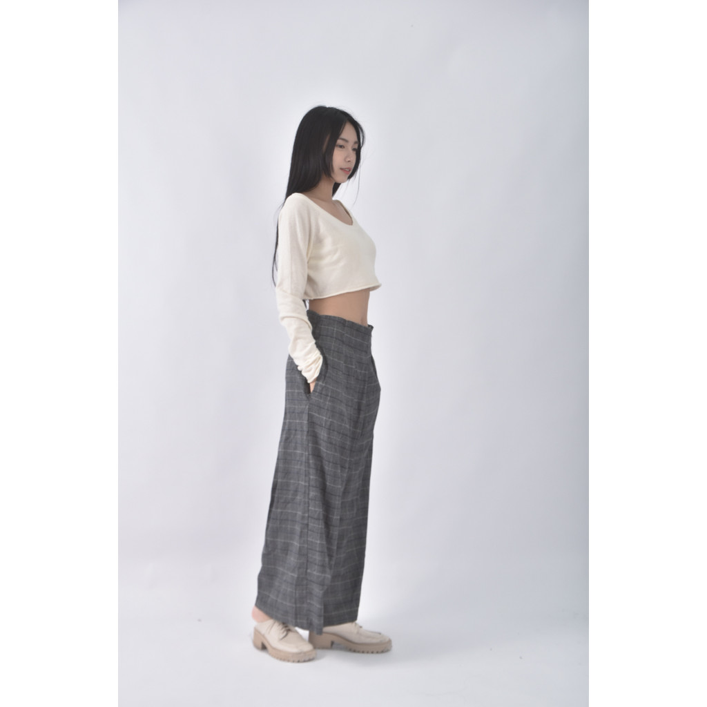 (XL) nnwm woman高腰質感格紋黑色長褲二手衣, , large