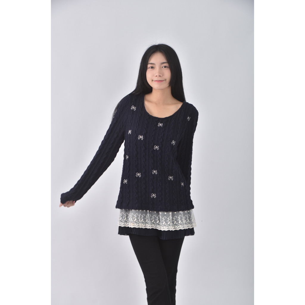 (M) b l u e棉質蝴蝶結藍色長袖上衣二手衣