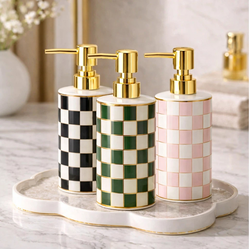 【A&R】復古棋盤格陶瓷洗護按壓瓶 300ML 三色任選