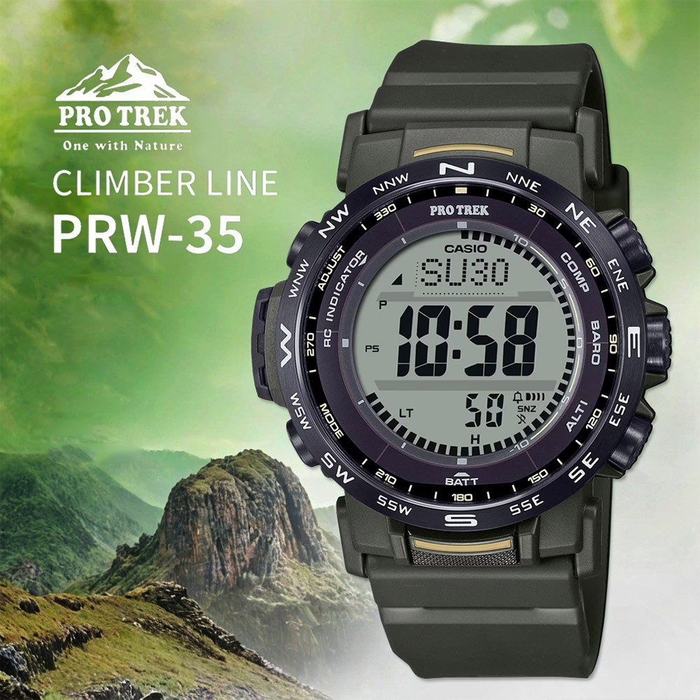 CASIO 卡西歐 PROTREK 軍綠戶外多功能太陽能電波手錶 PRW-35Y-3B, , large