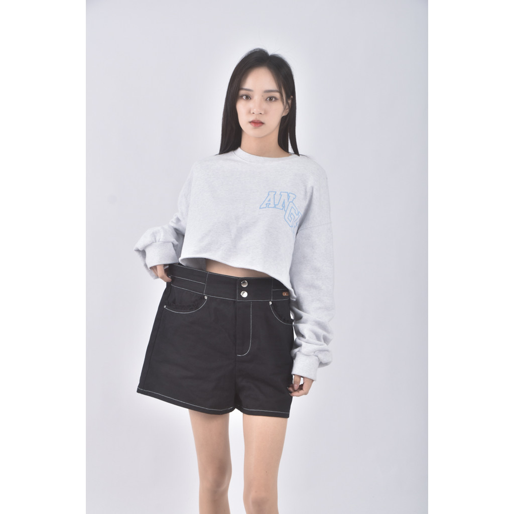 (2XL) popcorn韓牌高腰質感丹寧牛仔黑色短褲二手衣, , large