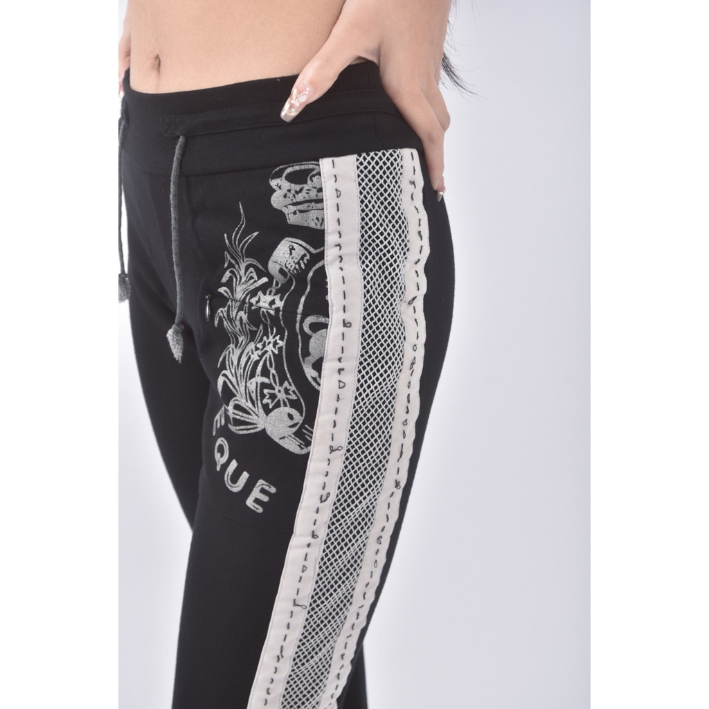 (M) 衣櫃花紋黑色長褲二手衣, , large