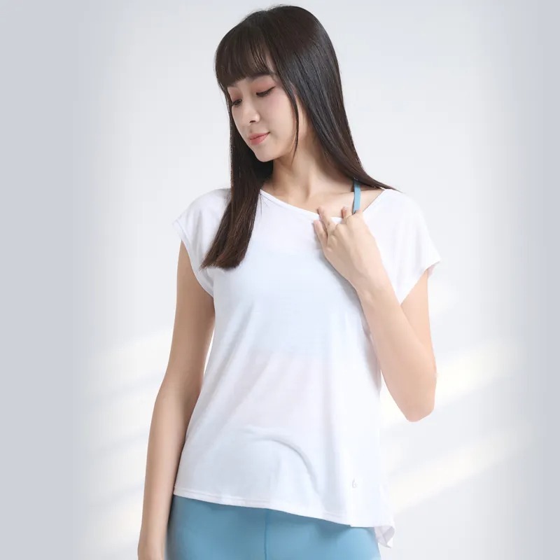 YOGA FLOW Back Tie Tshirt - 短袖美背綁帶開叉兩穿罩衫 - 霧白, , large