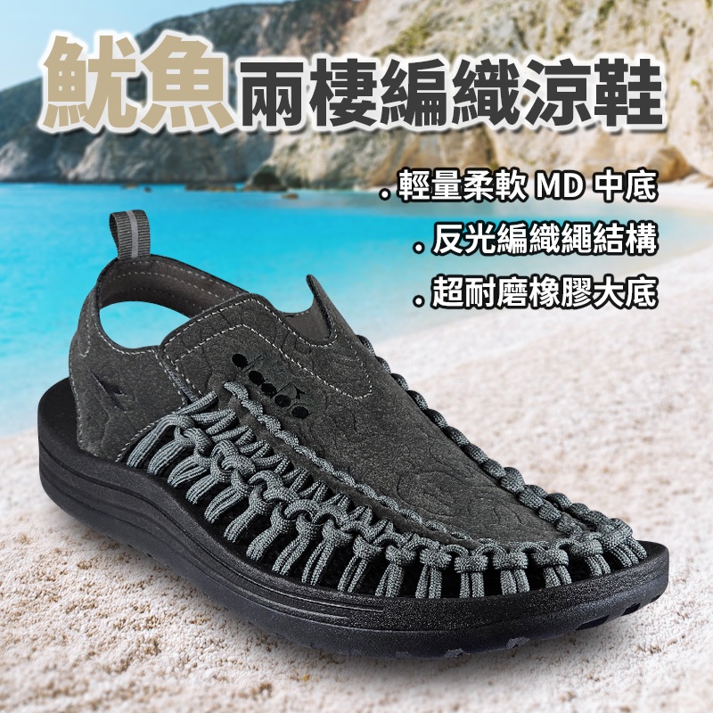 DIADORA迪亞多那 魷魚兩棲編織涼鞋 男鞋 時尚 簡約 素色 水陸兩用 反光 吸震 輕量 耐磨 耐用 止滑 黑 灰, , large
