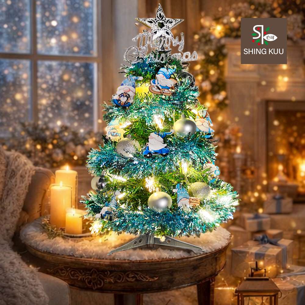 心可樂活-2尺60cm小美好套裝聖誕樹+5號藍白聖誕老公公彩繪木片飾品組+LED暖白光20燈雪花燈串_台灣本島免運費