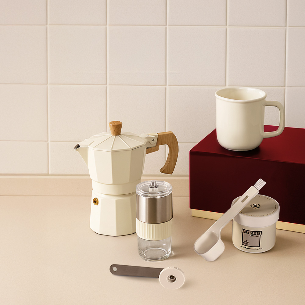 【上手家居】摩卡壺咖啡禮盒組 白色六件套(咖啡器具/咖啡用具/露營咖啡組/旅行咖啡組), , large