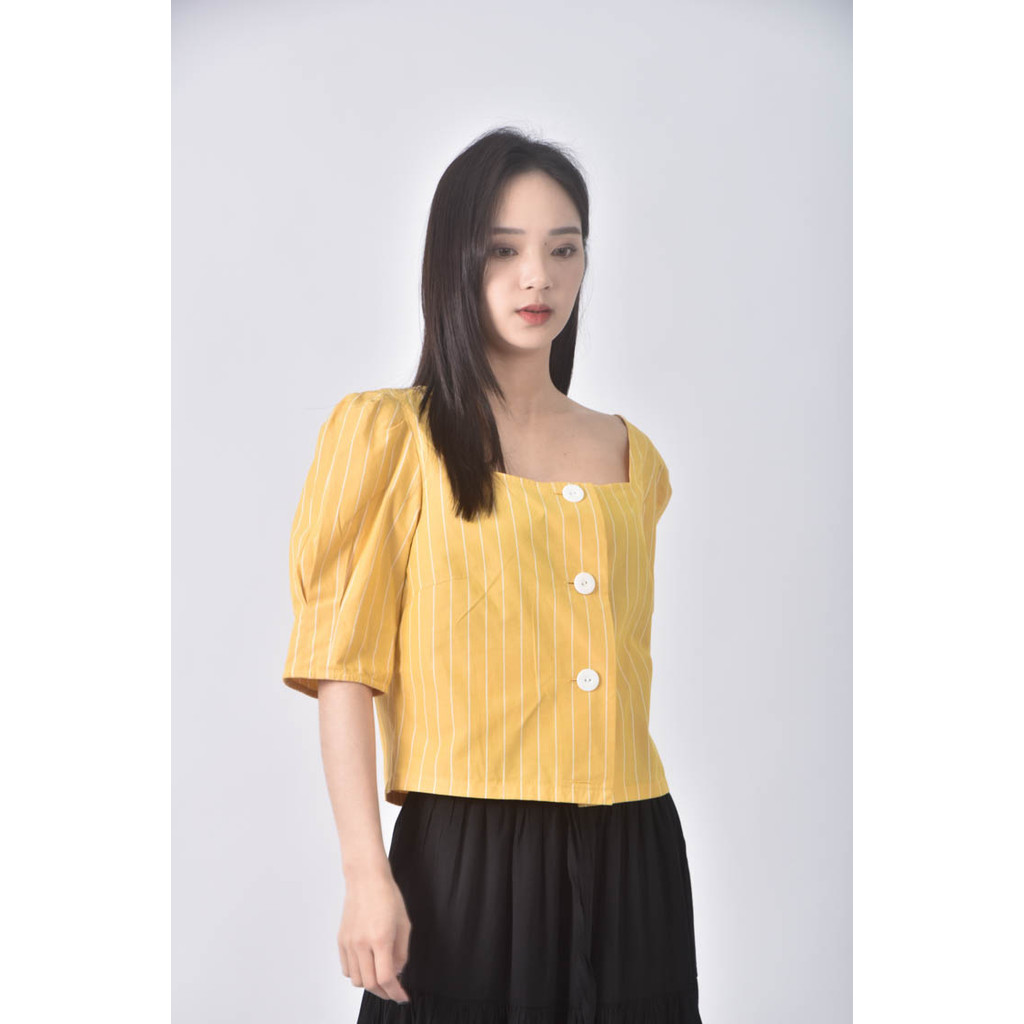 (S) agnes b排扣黃色短袖上衣二手衣, , large