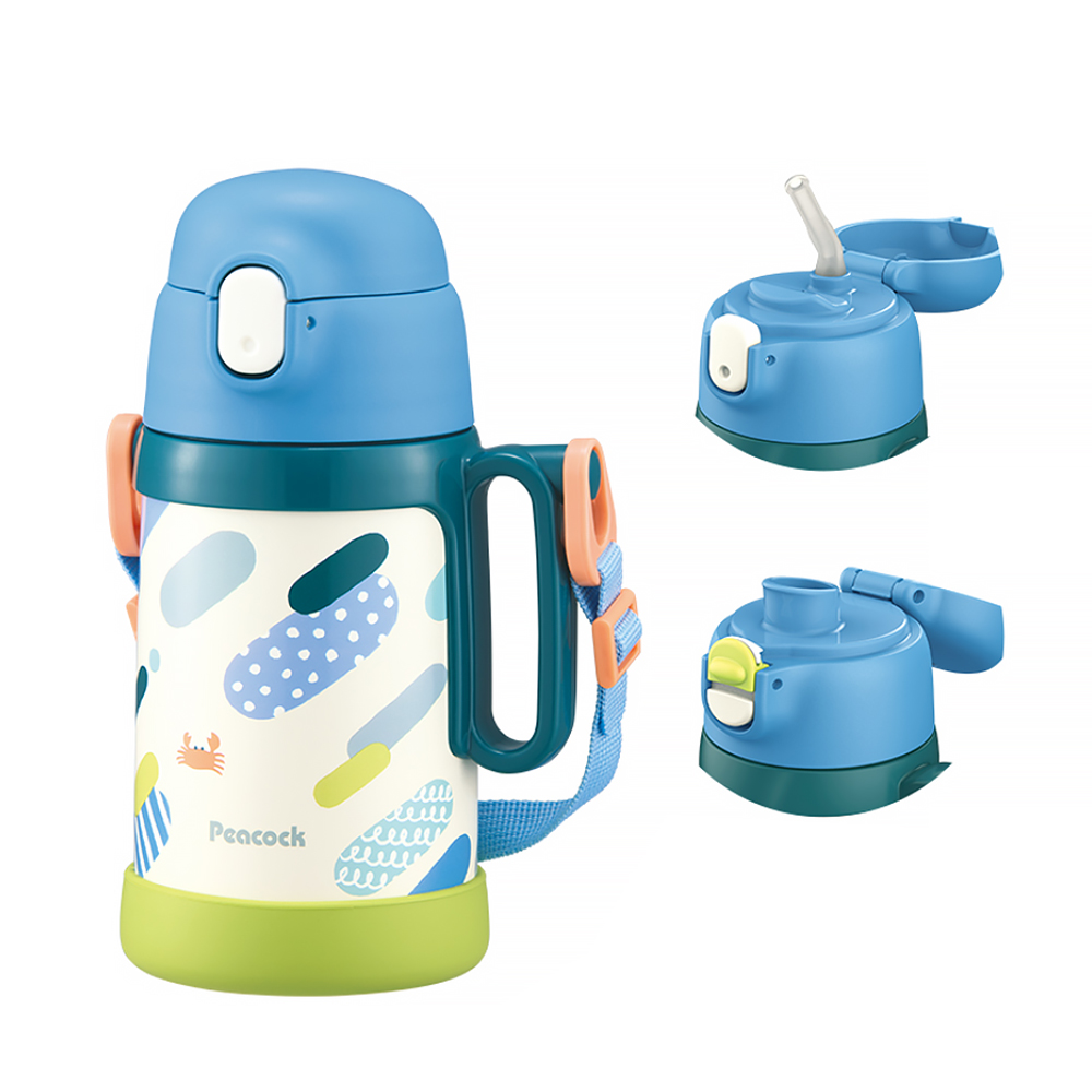 【日本孔雀Peacock】耐衝擊底座 直飲+吸管兩用 兒童不鏽鋼保溫杯水壺490ML(握把+背帶)-藍, 藍, large