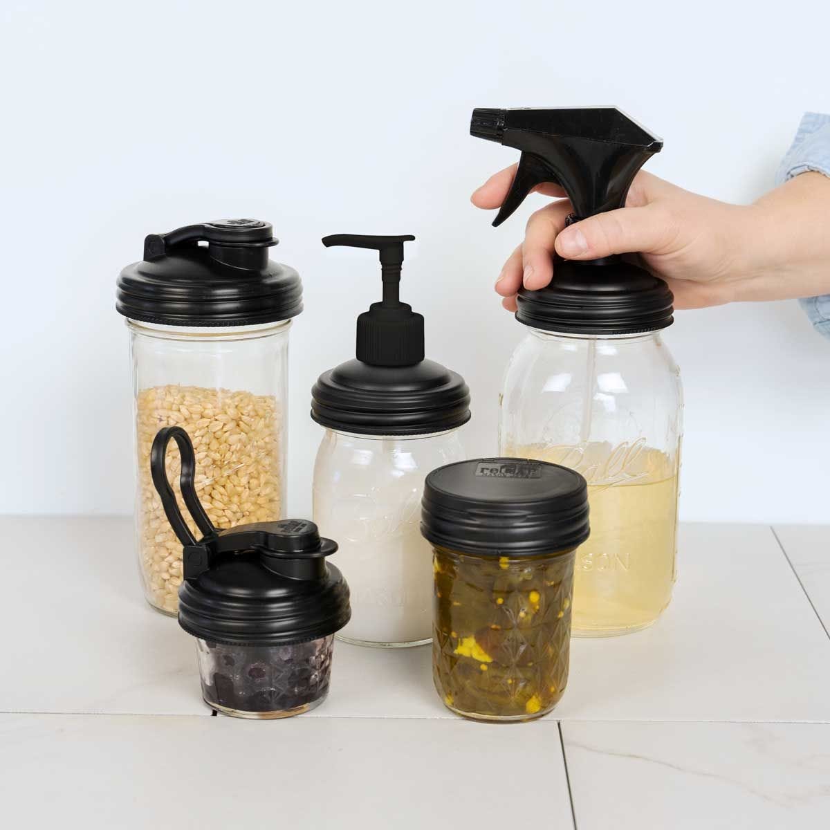 Ball® 16oz/480ml 窄口梅森罐飲料隨行杯-黑色 reCAP Mason Jars Lid POUR cap 全新升級防漏/飲料隨行杯/提把蓋/飲料蓋/冷水壺, , large