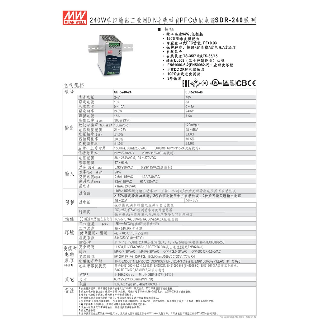 明緯 240W軌道式電源供應器(SDR-240-24), , large