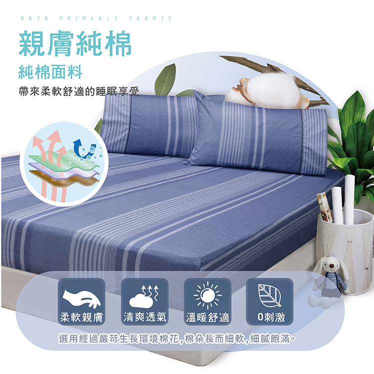【多利寶寢具】FITNESS 精梳棉雙人特大床包枕套三件組-安德里-藍, , large