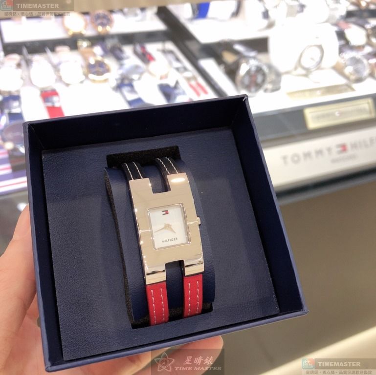 [星晴錶業]TommyHilfiger手錶,20mm, 34mm,TH00073白色錶面銀錶殼藍紅真皮皮革錶帶款, , large