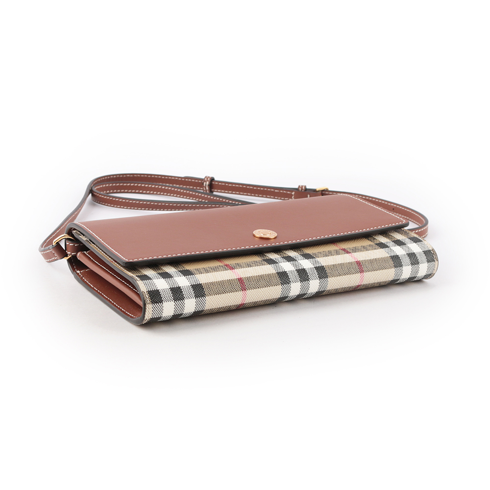 BURBERRY 經典格紋拼牛皮皮夾式斜背包/經典米色/焦糖色, , large