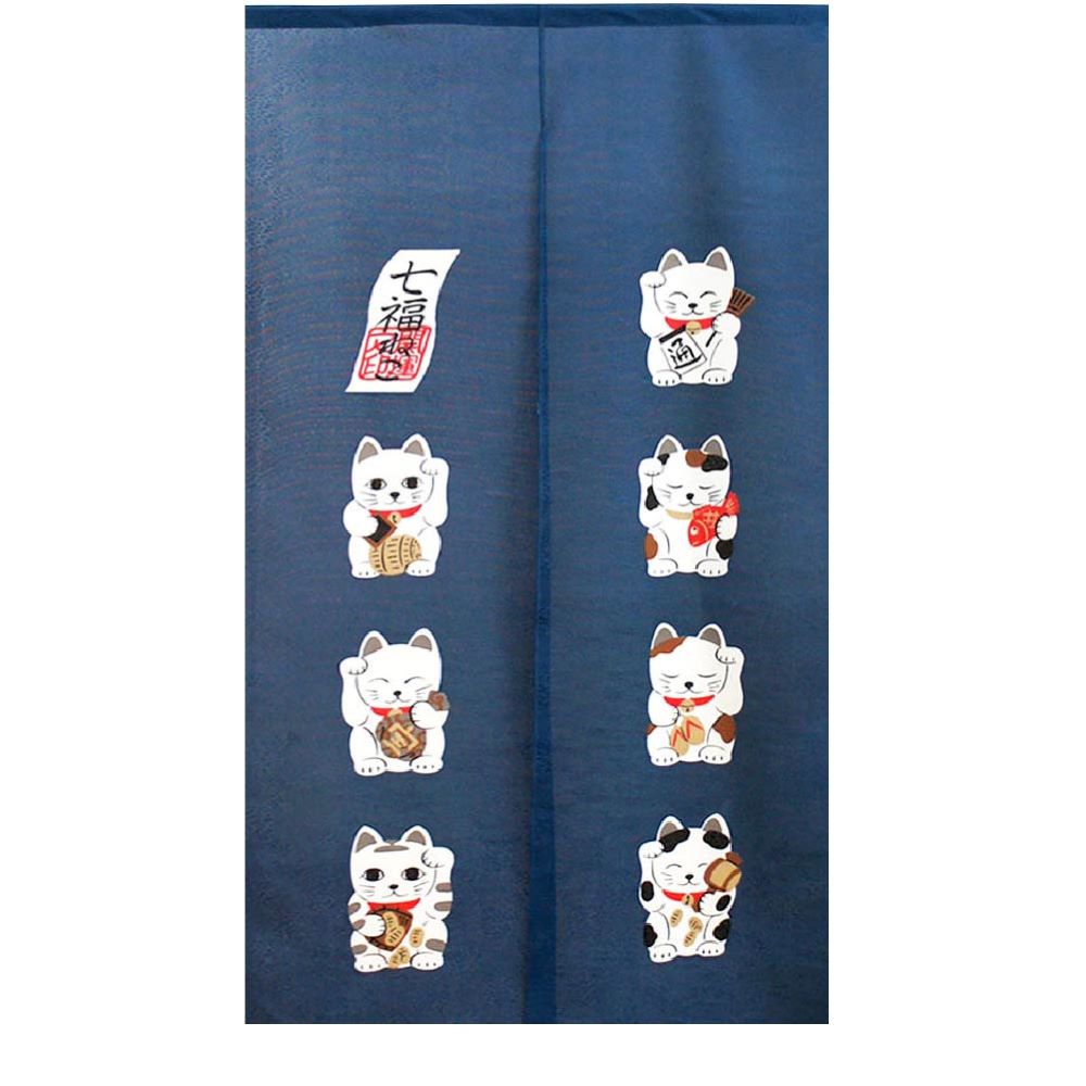 日本製【コスモ】長門簾《招財貓七福》海軍藍, , large