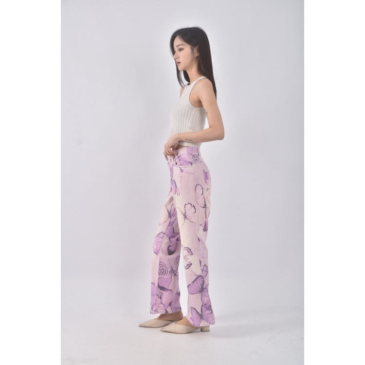 (XL) anita su丹寧牛仔質感棉質蝴蝶純棉紫色長褲二手衣, , large