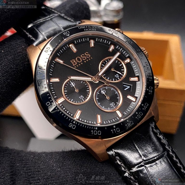 [星晴錶業]BOSS手錶,44mm,HB1513753黑色錶面玫瑰金錶殼深黑色真皮皮革錶帶款, , large
