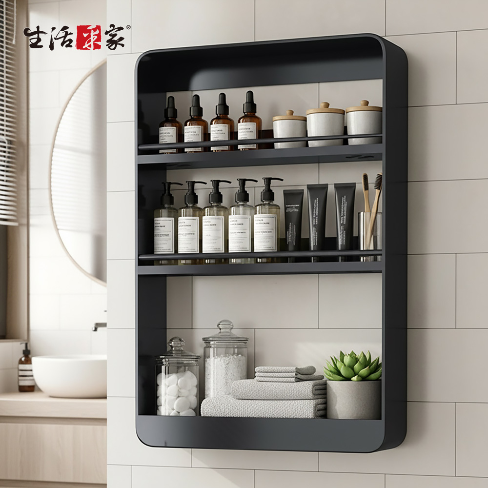 SHCJ 免打孔壁掛鋁質置物架 【曜石黑三層】壁掛架 收納架 收納層架 收納 浴室收納 廚房置物架 化妝品收納架 免打孔 收納架 瓶罐架 浴室架 廚房架, 曜石黑, large