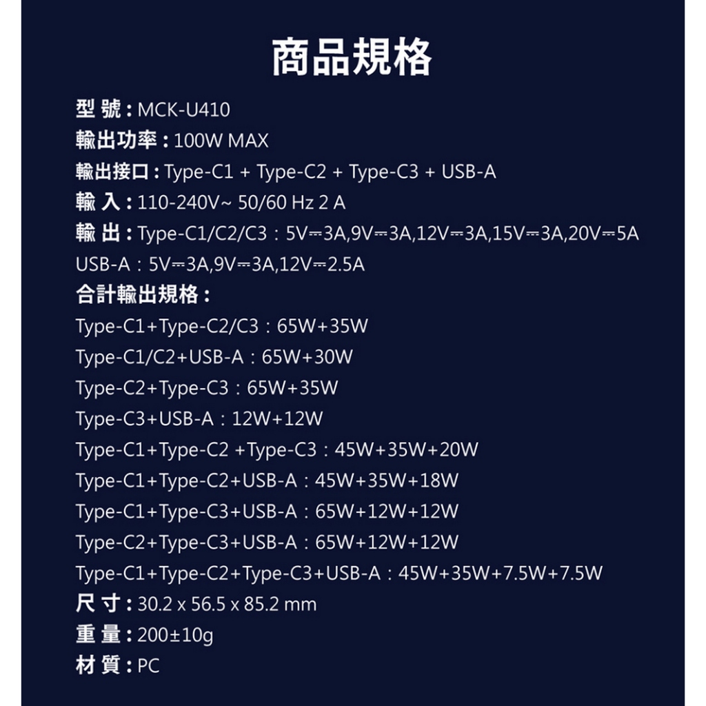 【MCK】3C1A極速100W GaN氮化鎵數顯四孔快充充電器, , large
