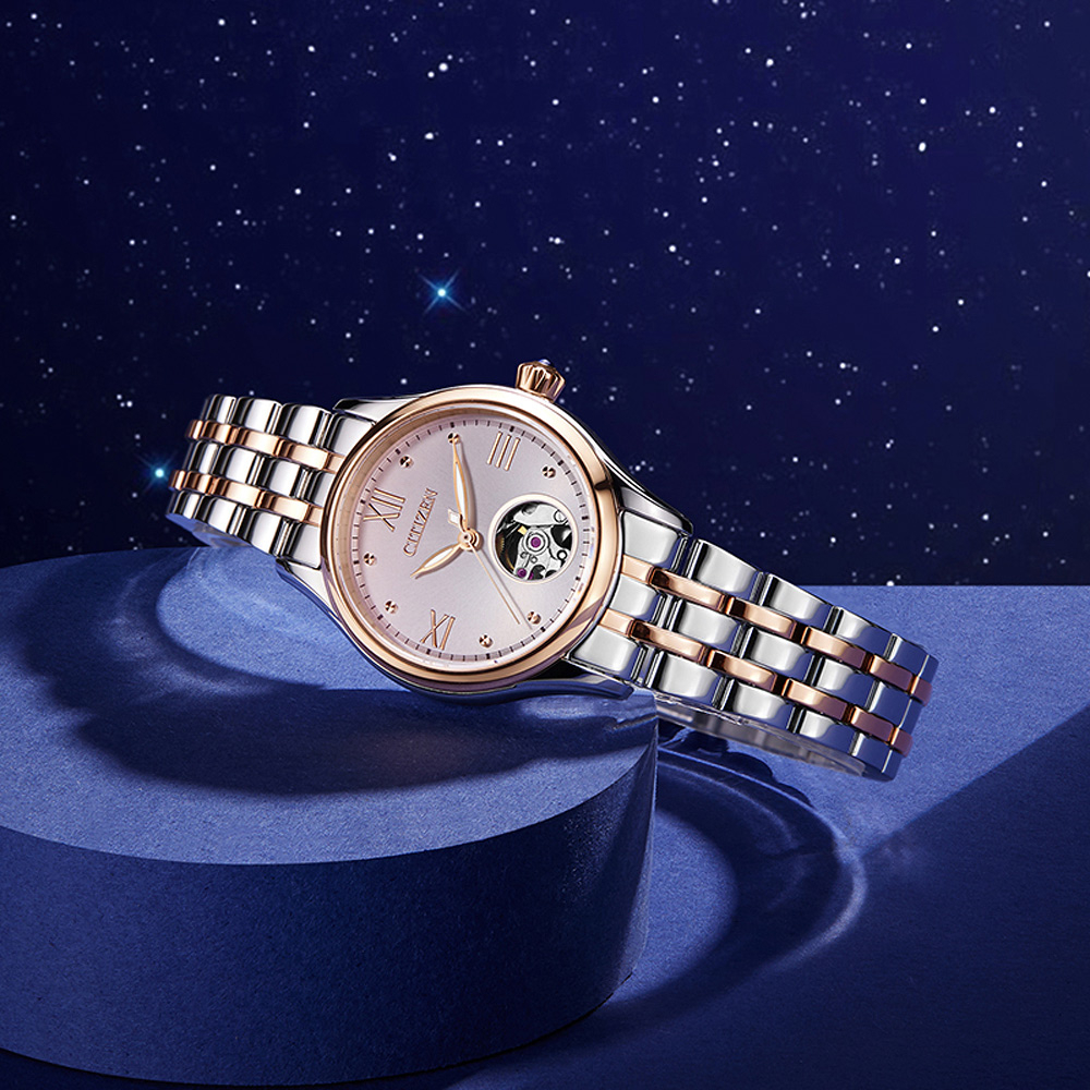 CITIZEN 星辰 小鏤空優雅機械女錶-銀x玫瑰金/28.5mm PR1044-87X, , large