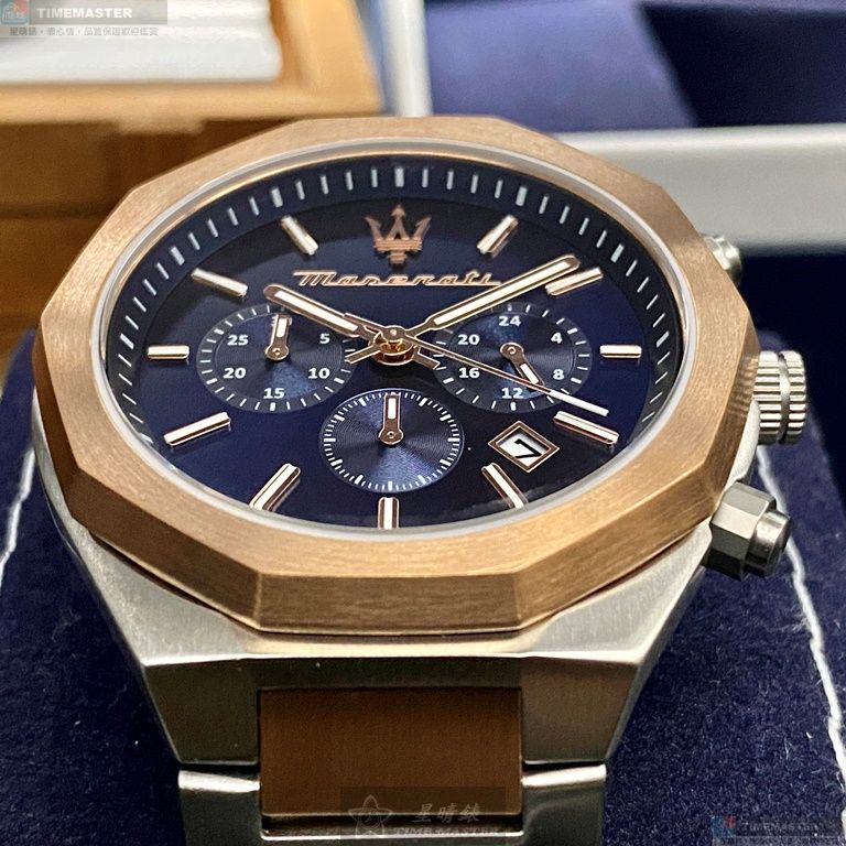 [星晴錶業]MASERATI手錶,46mm,R8873642002寶藍色錶面玫瑰金錶殼金銀相間精鋼錶帶款, , large