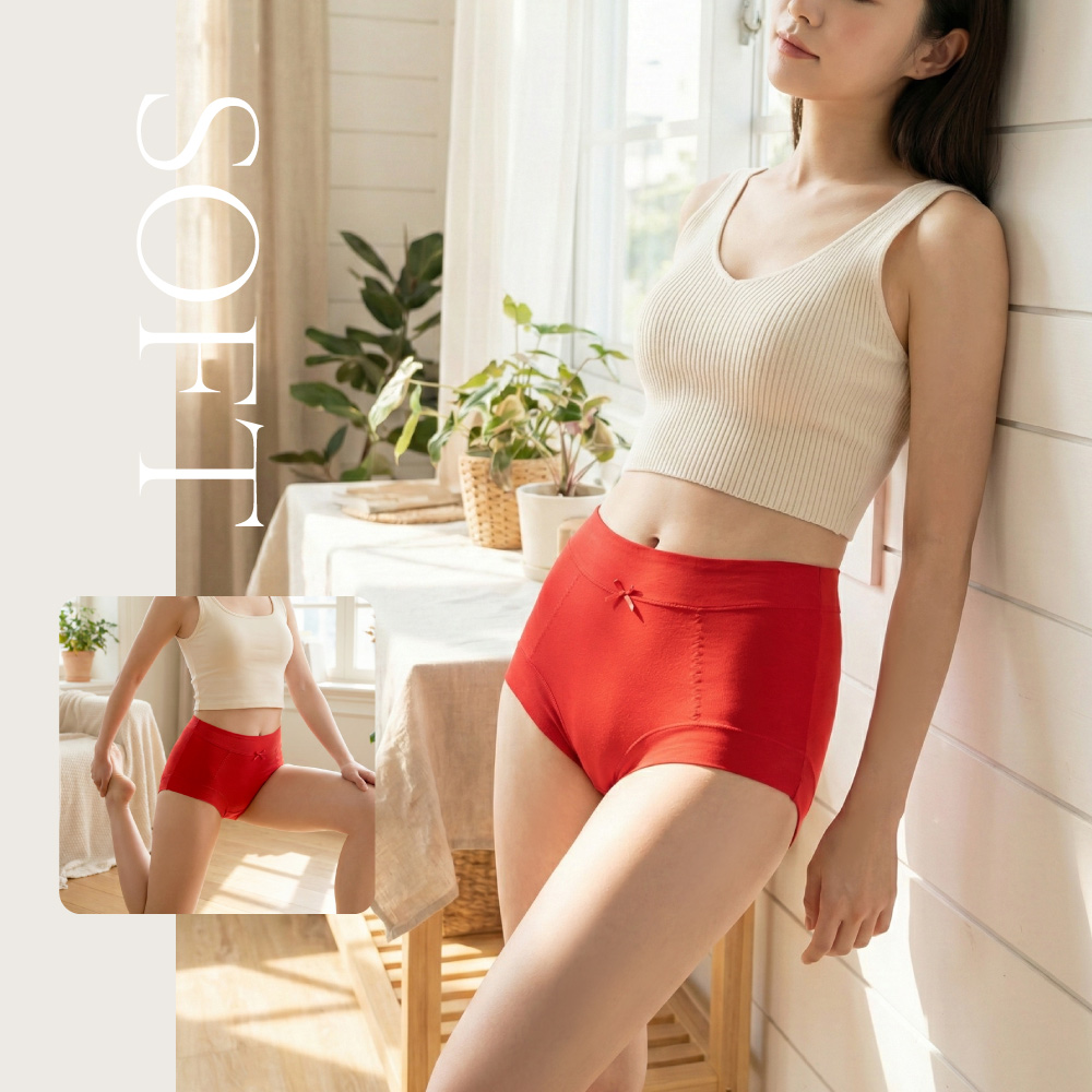 【伊柔 EVEROY】棉柔無痕收邊中腰包覆紅內褲｜舒適包臀 M-XL適穿 W069, , large