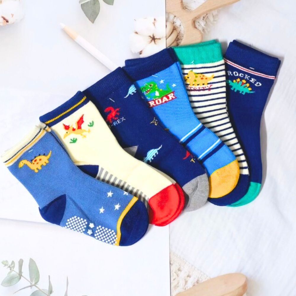 [Kaimei Cotton Industry] 8 pairs set, random and excellent, MIT made in Taiwan, pure cotton anti-slip children's socks, dinosaur adventure style, boys 13-16cm, , large