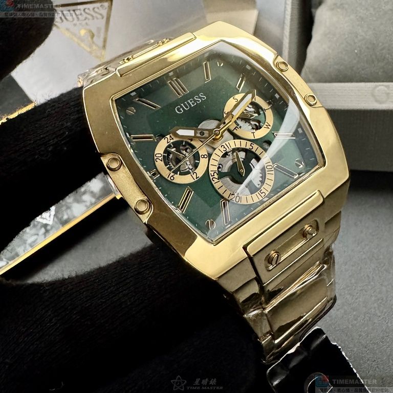 [星晴錶業]GUESS手錶,44mm50mm,GC00006墨綠色機械鏤空錶面金色錶殼金色精鋼錶帶款, , large