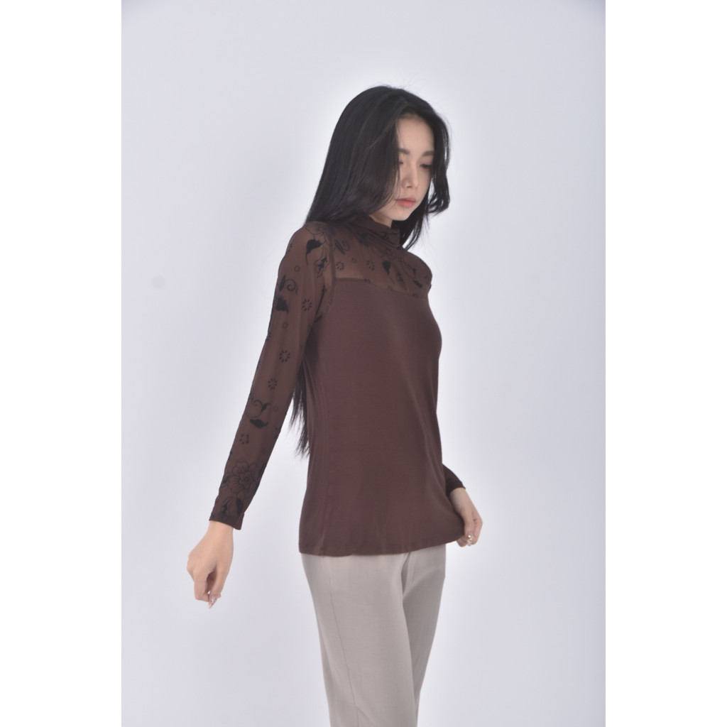 (S) l lar紡紗高領棕色長袖上衣二手衣, , large