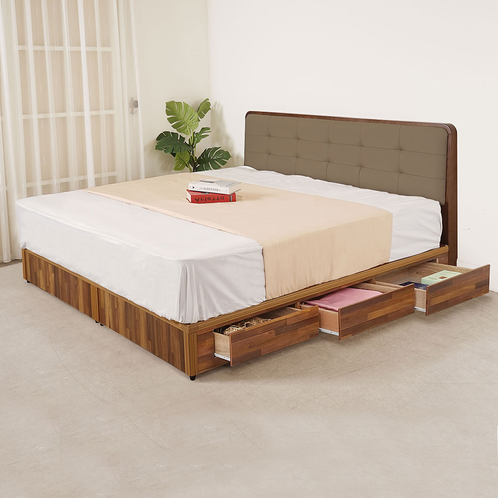 【Homelike】喜家居雙人加大6尺六抽屜床組-胡桃色(2531), , large