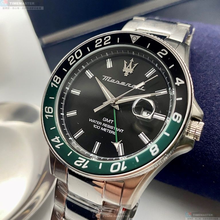 [星晴錶業]MASERATI手錶,44mm,R8853140005黑色錶面墨綠黑錶殼銀色精鋼錶帶款, , large