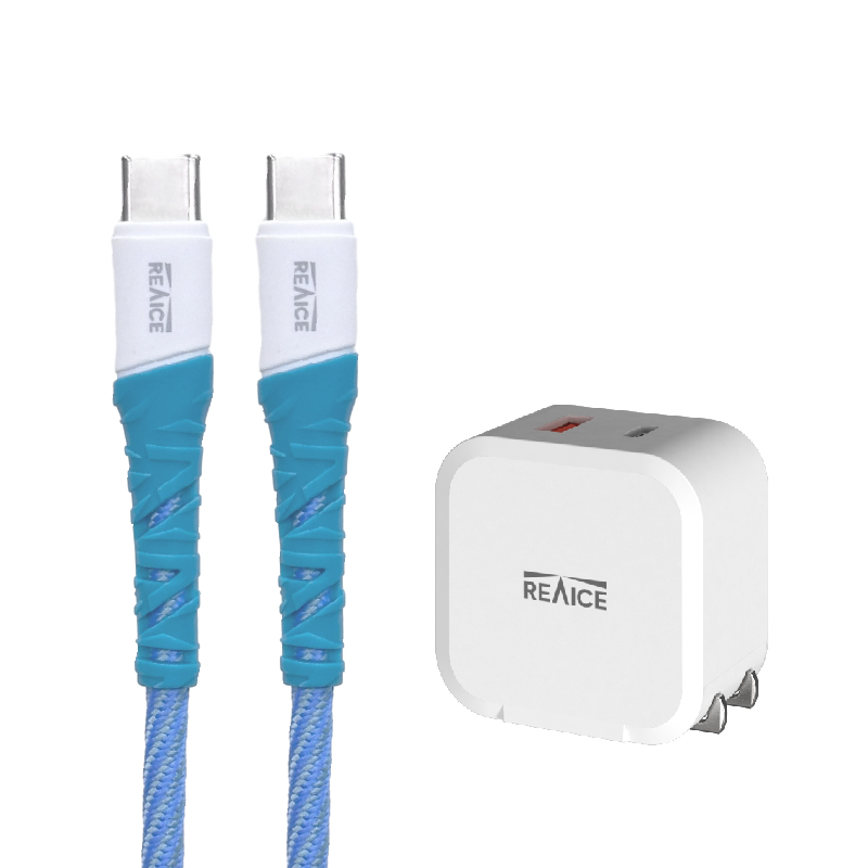 【台陞科技】REAICE PD20W雙孔1A1C充電頭+Type-C to Type-C 1.2M編織充電傳輸線 充電套組/多色可選, , large