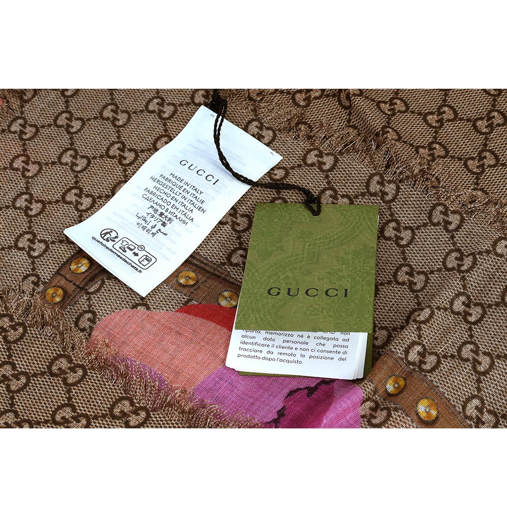 GUCCI GG Logo 花卉圖案羊毛披肩/圍巾/米色/紫紅色, , large