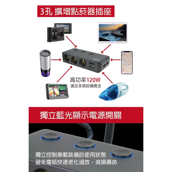 CRUX 酷架 3孔多功能智慧快充汽車充電器(4埠USB 6.8A), , large