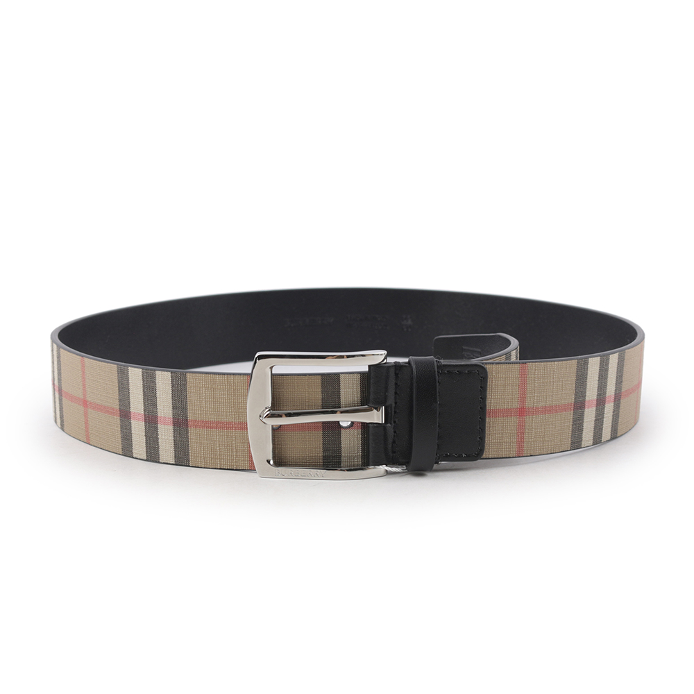 BURBERRY 銀色方釦經典帆布拼牛皮寬3.5cm/80cm皮帶/米色, , large