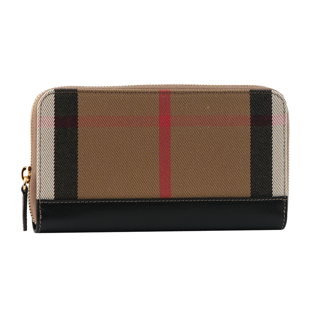 BURBERRY 格紋拼皮革ㄇ型拉鍊長夾/黑色, , large