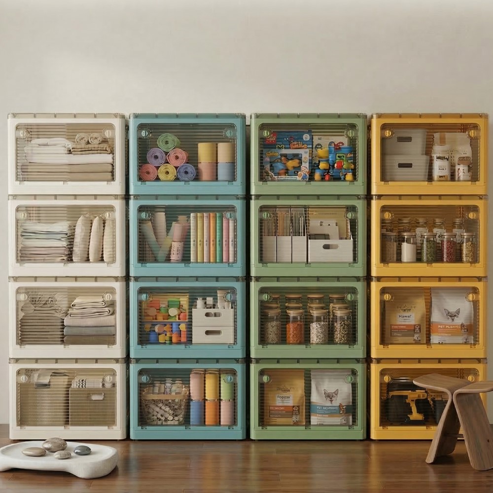 【AOTTO】72L升級加厚款五開門可疊加折疊收納箱-綠色4入(AL-260GN), , large