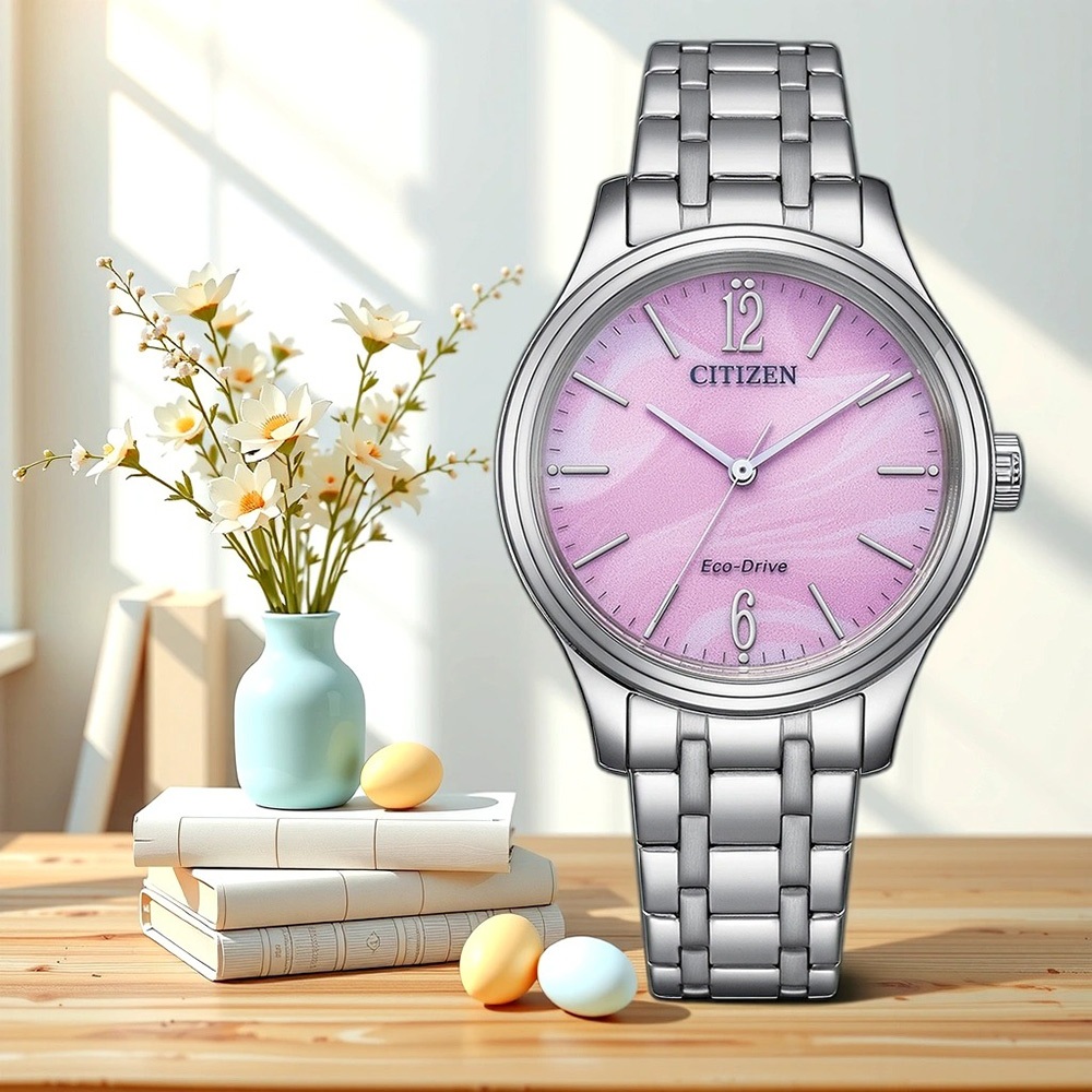 CITIZEN 星辰 光動能大三針時尚女錶 送禮-銀x粉紅/34mm EM0411-71X, , large