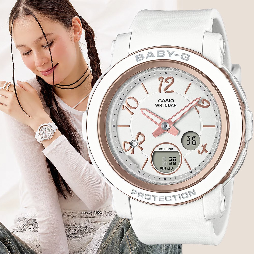 CASIO 卡西歐 BABY-G 緞帶雙顯女錶-白/粉色 BGA-290RA-7A, , large