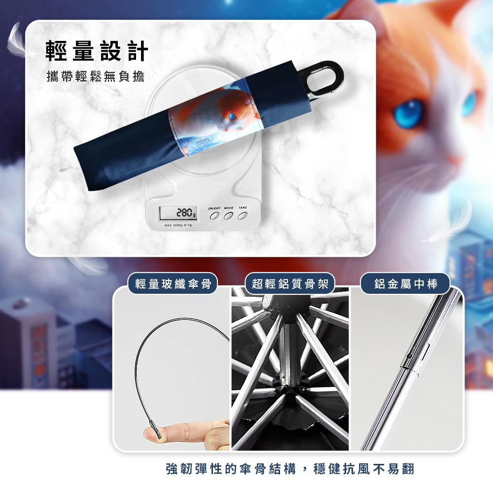 [TDN]月亮貓放大降溫秒收傘 瞬收傘反向傘(防風自動收傘B7433C)天空藍, , large