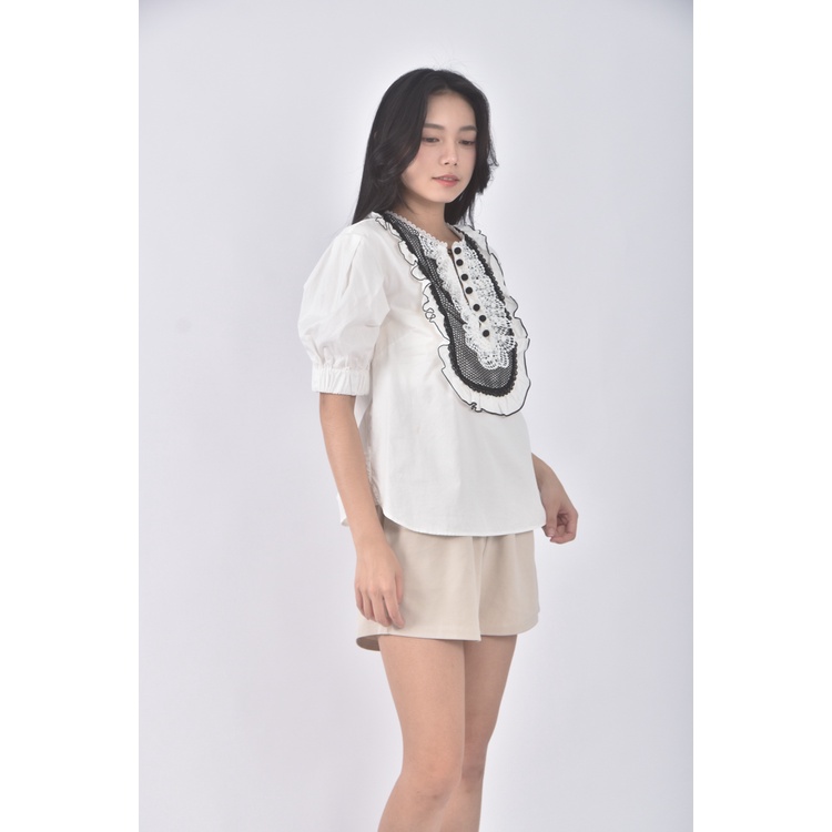 (S) self portrait質感棉質木耳邊白色短袖上衣二手衣, , large