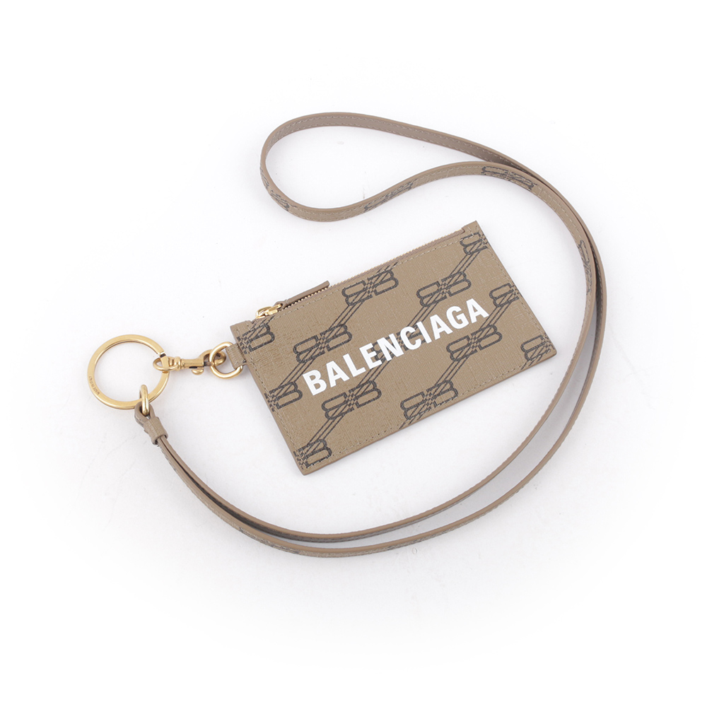 BALENCIAGA BB Monogram 小款金釦卡片夾/附可拆式掛繩/米色/棕色, , large