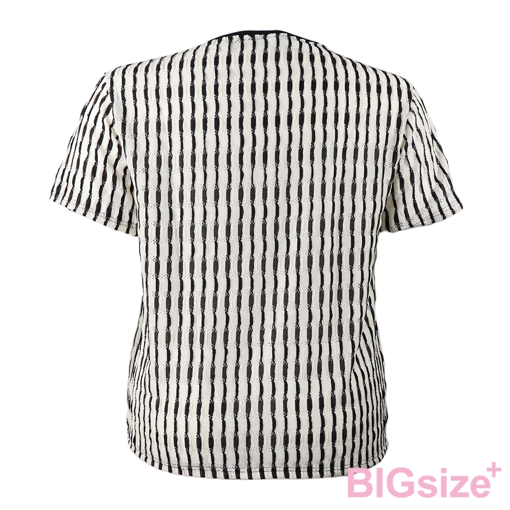 大尺碼-蕾絲條紋 圓領T恤-黑-0101150, , large