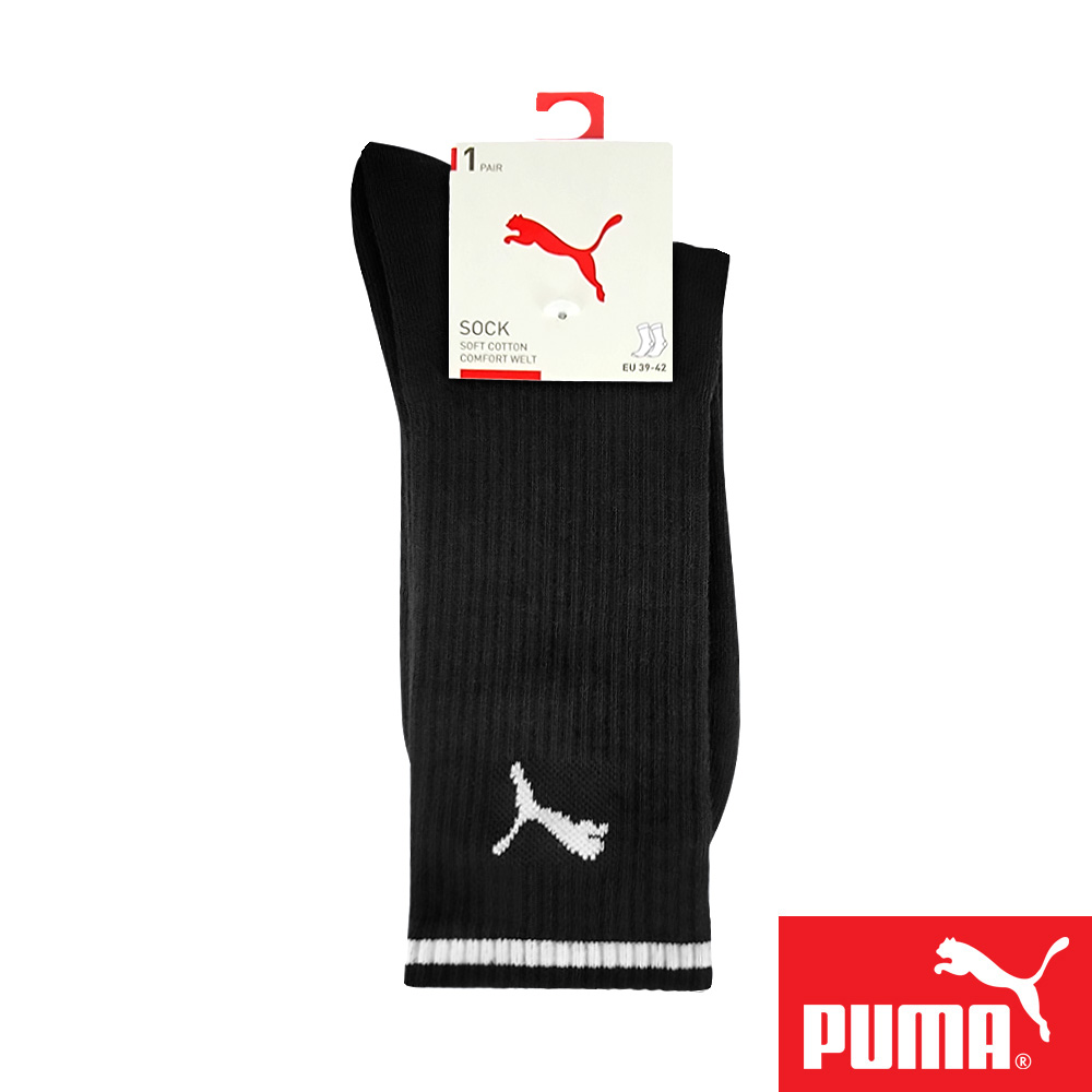 PUMA 男女款中筒襪1雙裝 彪馬 跳豹 男襪 女襪 襪子 運動襪 小腿襪 棉襪 柔軟 棉質 舒適 高彈 耐磨 黑 白, 黑,39-42(EU)/25-27(cm), large