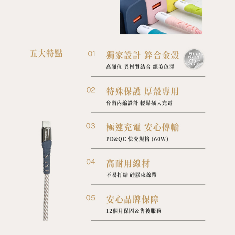 【台陞科技】REAICE Type-C to Type-C 1.2M 耐磨編織充電線 60W快充/傳輸線 RC-CCG2408-AI 柊雪, , large